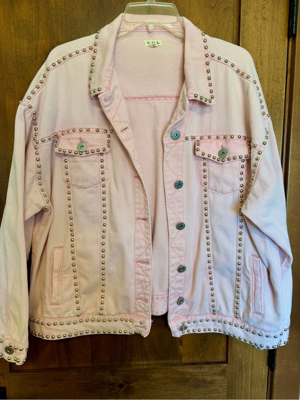 POL pale pink studded denim jacket - size L